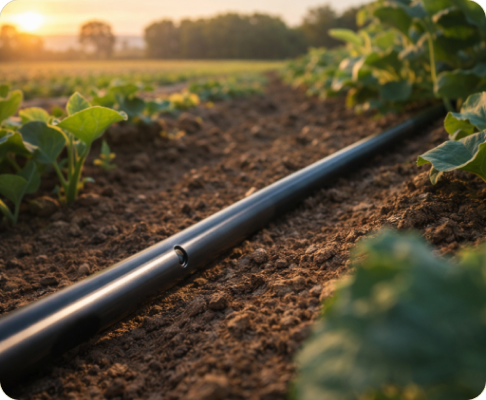 Drip tape running through cultivated soil