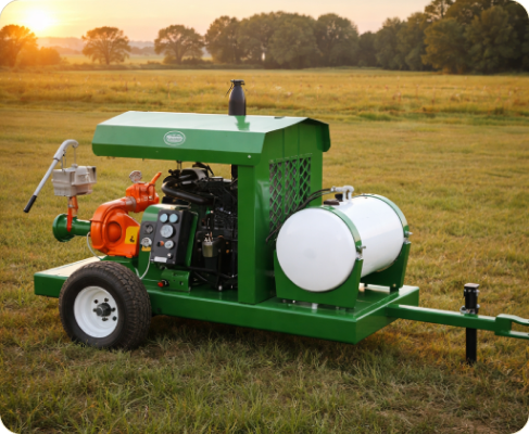Green water pump equipment in a field