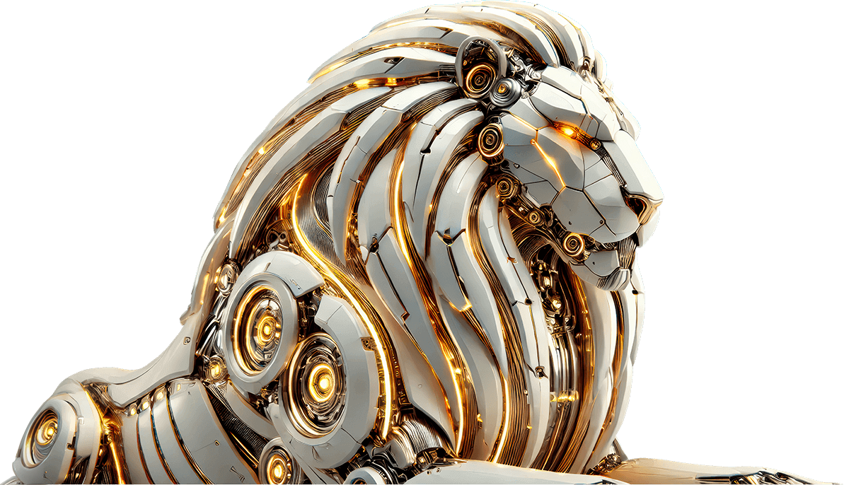 Robotic lion glowing with golden lights