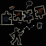 Person solving puzzle with technology and communication symbols